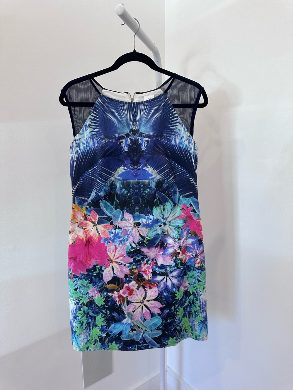 Julia Jordan Floral Shift Dress Blue Tropical Mesh Panel cocktail, wedding guest